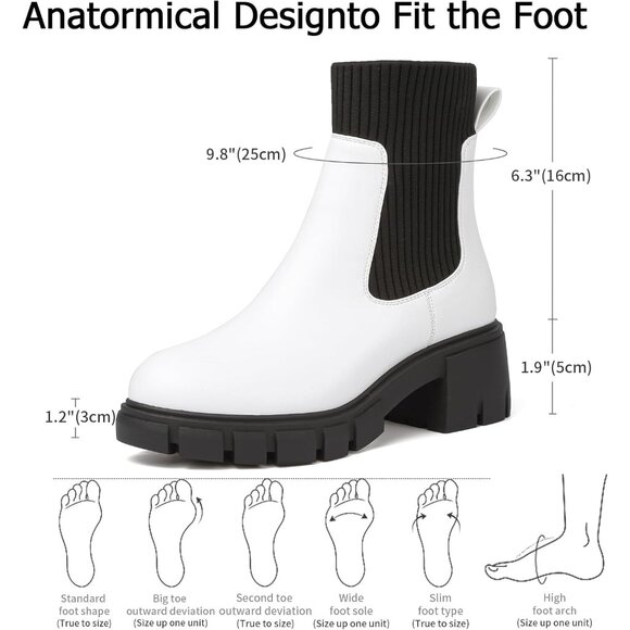 BKWHDAY Women's White Black Chelsea Platform Ankle Boots Fashion Chunky Heel - Picture 5 of 7